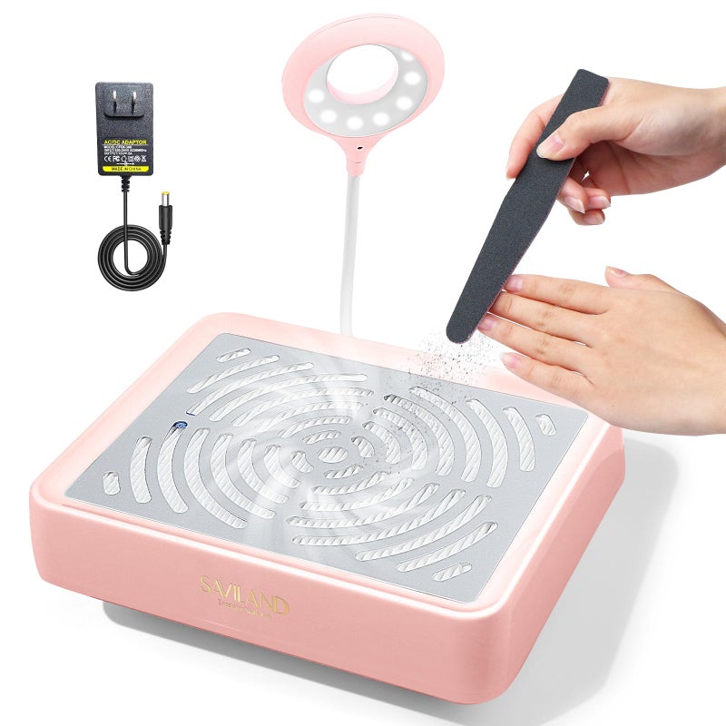 SAVILAND Nail Dust Collector with Lamp  Powerful Nail Vacuum Fan 40W Dust Collector Extractor Electric Dust Suction Machine with Reusable Filter for Acrylic Gel Nails Polishing Low Noise Pink